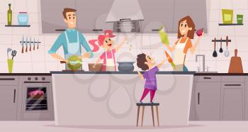 Family kitchen. Kids boys and girls helping preparing food to their parents vector cartoon background. Together cooking, happy family preparing dinner illustration