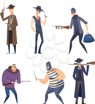 Gangster cartoon. Retro soldiers bandit masked with weapons guns threat characters vector attack persons. Gangster character, man with gun, adult killer illustration