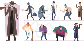 Mafia characters. Masked threat gangster brutal bandit with guns vector persons isolated. Killer and mafia gang, bandit and mobster, gangster brutal illustration