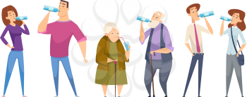 Water drinking. People with water glasses drinking natural liquid food sport healthy lifestyle persons vector characters set. Drinking healthy water, person standing with bottle illustration