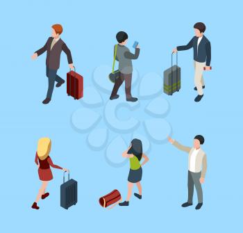 Travellers isometric. Family couples with luggage tourists with baggage vector people in various poses. Illustration traveller character people in airport
