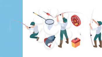 Fishing isometric. Fisherman with spinning in action poses sitting in rubber boat sport fishing hobbies vector people set. Fishing and fisherman with rod illustration