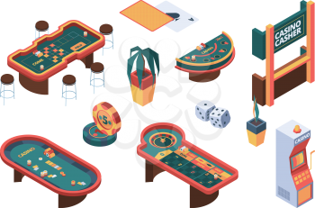 Casino isometric. Poker gambling table gaming nightclub cards room vector gammers people. Casino chance, gambling table stake, coin and slot machine illustration