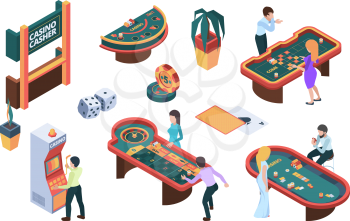 Casino people. Gaming nightclub cards poker slot machine gambling characters vector isometric illustration. Gambling poker, casino and roulette, jackpot luck
