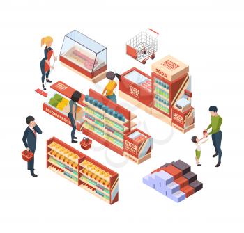 Grocery customers. Isometric people with shopping carts in retail market buying food marketplace items vector collection. Illustration retail and market, shop with purchase, buy isometric