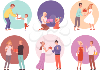 Giving gifts. Family presenting surprize for kids happy couples with gifts vector characters. Family present and celebration, holiday birthday with gifts illustration