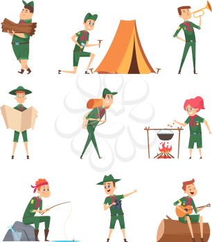Rangers kids. Little scouts in green uniform survival characters with backpack studying vector children. Recreation child travel, adventure and play guitar illustration