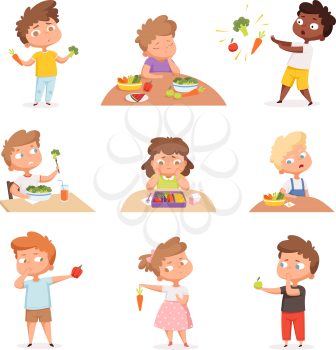 Kids and vegetables. Little hungry children eating fast food dont like fruits and healthy products vector cartoon characters. Child dislike healthy eating illustration