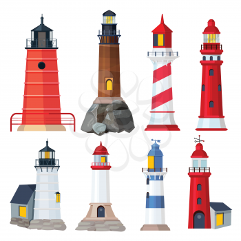 Lighthouses collection. Night sailing building in seaport security searchlights vector illustrations. Seaport lighthouse, beam for guide, tower beacon