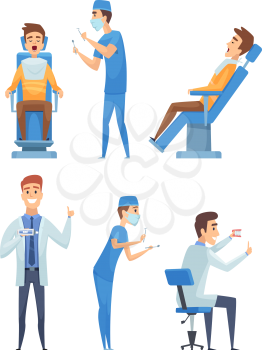 Dentists characters. Stomatology medicine mouth diagnostic healthcare vector cartoon illustration. Dentist healthcare character, doctor specialist and patient