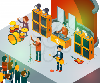 Concert scene. Isometric rock band singing people entertainment crowd vector concept. Rock band on scene, musician singer illustration