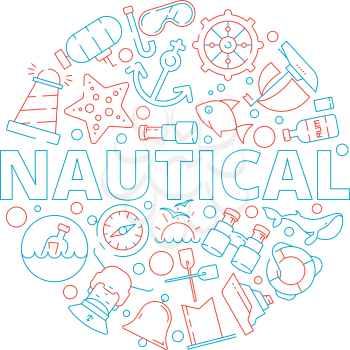Marine concept. Nautical pictures fish boat sea captain yacht circle shape with marine symbols vector background. Illustration of maritime badge in form circle