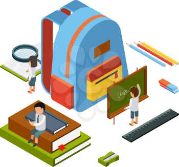 Backpack isometric. School stationary items education happy people college bag vector concept. Illustration of education college, student study and training