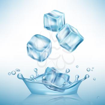 Ice splashes cube. Freeze water puddles and crystal clear ice cube vector realistic background. Ice cube solid in water splatter illustration