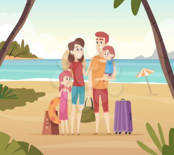 Family summer travellers. Kids with parents going to summer vacation big adventure on sea vector cartoon background. Illustration of travel and holiday summer, together family on vacation beach