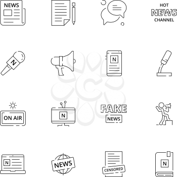 News icons. Media source magazine paper newspaper publishing computer laptop announce vector symbols. Illustration of media and newspaper, news and press