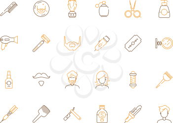 Beauty salon icon. Haircut and barber shop accessories scissors comb trimming and shaving vector colored symbols. Hairdressing, beard and mustache trimming illustration