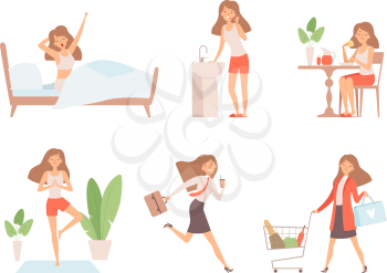 Woman daily routine. Business lady time management life every day process working mother vector cartoon characters. Illustration of daily routine, workday and yoga
