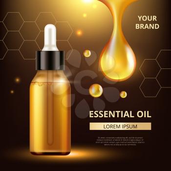 Cosmetics oil poster. Golden transparent drops of oil extract for woman cream or liquid cosmetic q10 collagen vector template. Extract oil, golden collagen droplet illustration