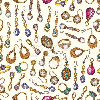 Jewelry seamless pattern. Vector earrings and rings background. Illustration of jewelry fashion, precious expensive accessory