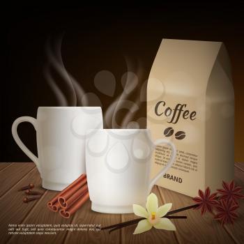 Vector realistic cup of coffee and toppings background. Illustration of realistic coffee drink of cup, beverage pack bean