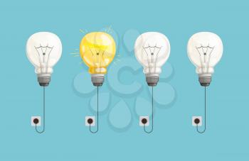 New idea vector background. Lamp bulbs light illustration. Light bulb bright and dimly, power idea connected