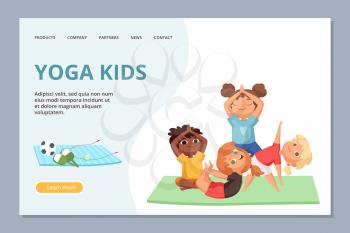 Yoga kigs characters. Kids sport and yoga training vector landing page template. Illustration of fitness kid yoga, meditation and balance