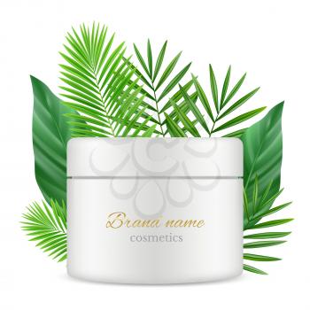 Green leaves and cosmetics tube box realistic vector mockup. Cosmetic beauty, package box container illustration