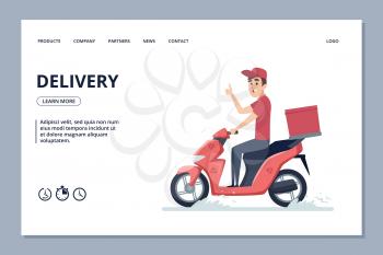 Delivery vector banner. Courier man on scooter and parcels. Delivery courier with parcel on scooter illustration