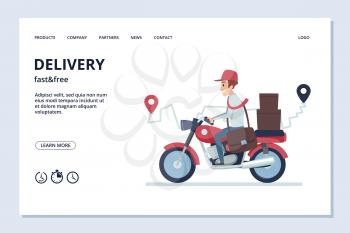 Delivery vector banner. Delivery man on motorcycle with parcels. Fast and free express, quick motorbike illustration