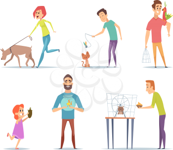 Domestic animals. Owners with their pets cat dog parrot happy characters with animals vector collection in cartoon style. Illustration of cat and dog, hamster and tortoise