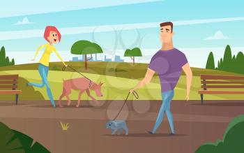 Pets walking. Animals happy owners outdoor in park running or cycling with dogs activity vector background. People walk with dogs, pet friendship illustration