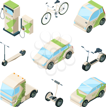 Eco transport. Cars electric scooter skate bikes gyrocopter bus isometric ecology technics vector pictures. Car isometric transportation, transport electrical urban illustration