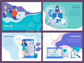 Online education landing. Website promo page template for distance courses or trainings and tutorials vector ui layout. Illustration of training and distance, course and e-learning