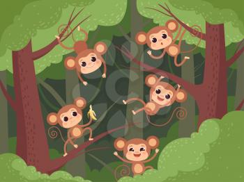 Monkey in jungle. Wild little animals playing on tree and liana and chimpanzee eating fruits banana vector cartoon background. Animal hanging, monkey on liana illustration