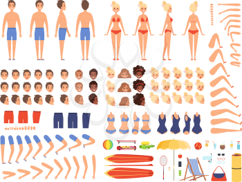 Summer people. Creation kit collection of body parts male and female summer characters swimsuit vector vacation travelers collection. Constructor character woman and man body illustration