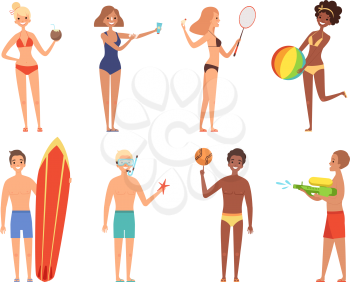 Summer holiday characters. Woman in bikini have a rest on the beach girls in swimsuit playing vector cartoon people. Illustration of man and woman in swimsuit with cocktail or surfboard