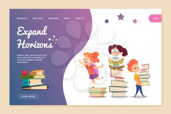 Expand horizons vector concept. Reading landing page template. Cartoon kids read books and education new knowledge, girl and boy learning illustration
