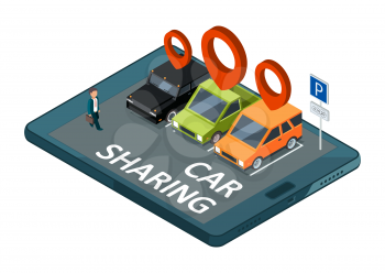Isometric car sharing vector concept. Mobile app parking with cars and businessman illustration. Carpool and sharing car isometric