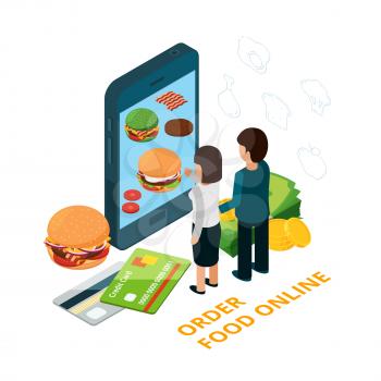 Order food online isometric vector illustration. Man and woman choose food with phone app. Online order fast food use mobile, shop eating service
