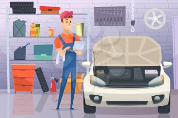 Mechanic in garage. Auto service man fixing repairing vehicle vector cartoon background. Illustration of auto mechanic repair vehicle, service car garage