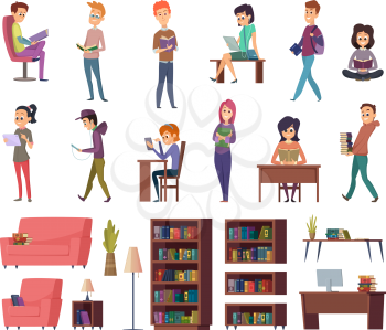 Students with books. People in library reading in bibliotheque school knowledge characters vector illustrations. Student character in library, education with literature