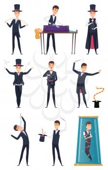 Magician. Male performer showmen in black costume and white gloves magic tricks vector cartoon characters. Magic performer, performance entertainment, illusionist and wizard illustration