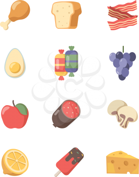Food icon. Coffee meat cakes pizza eggs and steak and other vector symbols of food in flat style. Illustration of icecream and egg, apple and bread