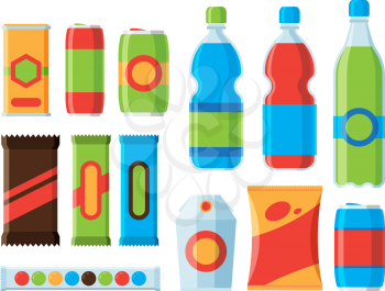 Snack food. Cookies crackers carbonated drinks chocolate bars juice vector flat illustrations. Illustration of packaging sachet snack