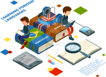 Studying foreign languages. Books vocabulary and students speak on various languages online learning vector isometric concept. Illustration of student study with vocabulary and dictionary