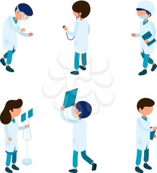 Doctors isometric. Medical staff paramedic surgeon ambulance person hospital characters 3d vector isometric collection. Medic professional doctor, clinic staff illustration