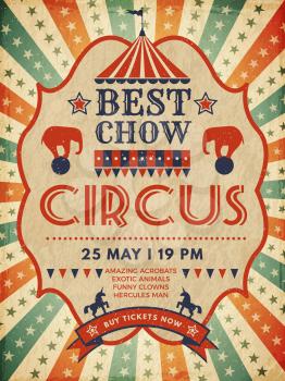 Circus poster. Retro placard magic invitation for circus mascarade event show vector template. Illustration circus poster, placard entertainment