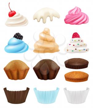 Cakes collection. Realistic cupcakes creation kit muffin cream fruits chocolate birthday holliday symbols vector 3d. Illustration of cake dessert, birthday cupcake chocolate, strawberry and vanilla