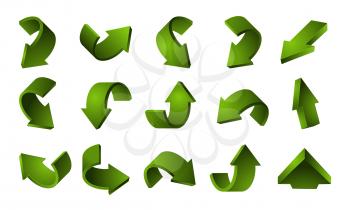 3D green arrows set. Vector recycling arrows isolated on white background. Illustration arrow recycle, green recycling ecological, turning bent movement